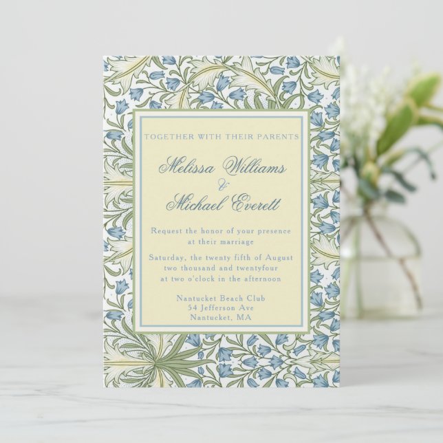 william Morris - Elegant Blue Bellflowers Wedding Invitation (Standing Front)