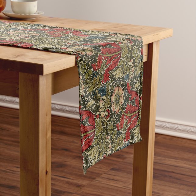 William Morris Elegant Floral Pattern Red Green  Short Table Runner (In Situ)