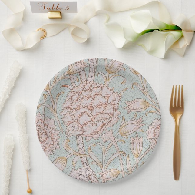 William Morris, Elegant Pink Wild Tulips Soft Blue Paper Plate (Wedding)