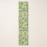 William Morris Exotic Fruit, Lemon Yellow Scarf<br><div class="desc">Long scarf in a William Morris Art Nouveau pattern of lemons,  pomegranates,  and peaches,  with blossoms,  on leafy branches - fruit in yellow and coral orange,  with green leaves,  against a patterned,  yellow and white background</div>