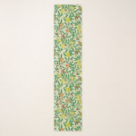 William Morris Exotic Fruit, Lemons Scarf<br><div class="desc">Long scarf in a William Morris Art Nouveau pattern of lemons,  pomegranates,  and peaches,  with blossoms,  on leafy branches - fruit in yellow and coral orange,  with green leaves,  against a patterned,  yellow and white background</div>