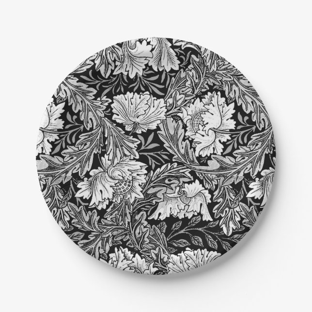William Morris Floral, Black, White & Grey / Grey Paper Plate (Front)