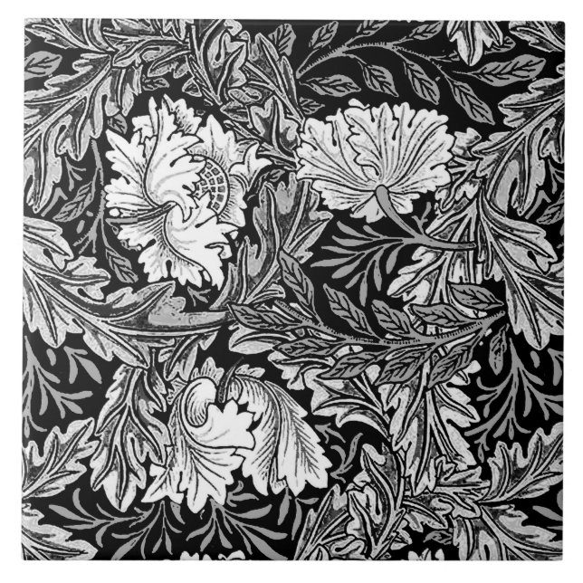 William Morris Floral, Black, White & Grey / Grey Tile (Front)