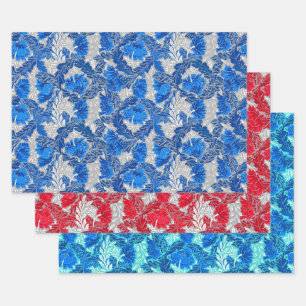 William Morris Floral, Blue, Red & Turquoise   Wrapping Paper Sheet