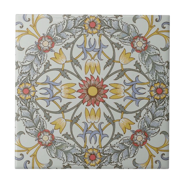 William Morris Floral Circle Flower Illustration Tile (Front)