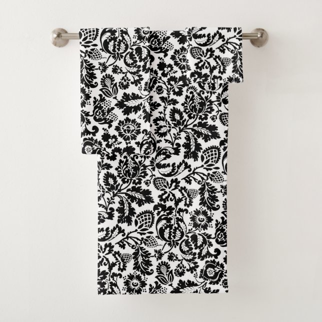 William Morris Floral Damask, Black and White Bath Towel Set (Insitu)