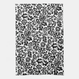 William Morris Floral Damask, Black on White Tea Towel