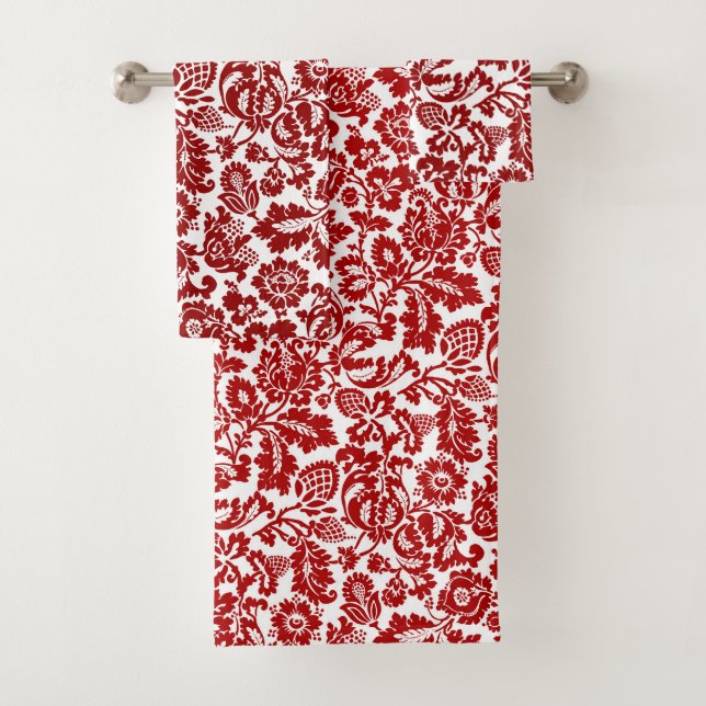 William Morris Floral Damask, Deep Red and White  Bath Towel Set (Insitu)