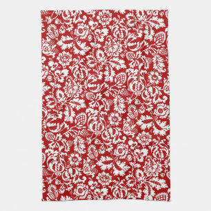 William Morris Floral Damask, Deep Red and White Tea Towel