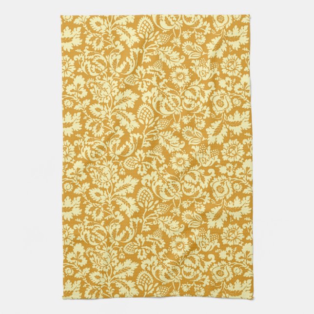 William Morris Floral Damask, Mustard Yellow  Tea Towel (Vertical)