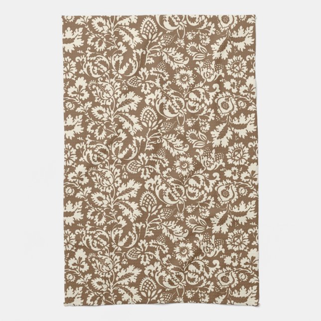 William Morris Floral Damask, Taupe Tan and Beige  Tea Towel (Vertical)