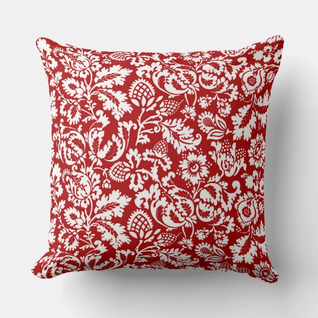William Morris Floral Damask, White and Deep Red Cushion (Front)