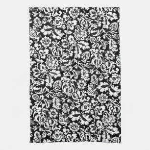 William Morris Floral Damask, White on Black  Tea Towel