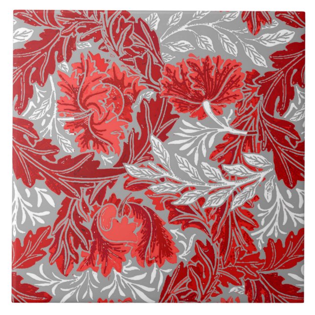 William Morris Floral, Deep Red and Grey / Grey Tile (Front)