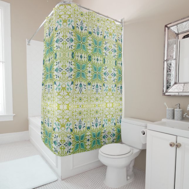 William Morris Floral Flowers Foliage Green Blue Shower Curtain (In Situ)