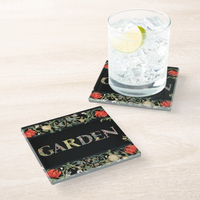 William Morris Floral Garden Motto and Frame Glass Coaster (Angled)