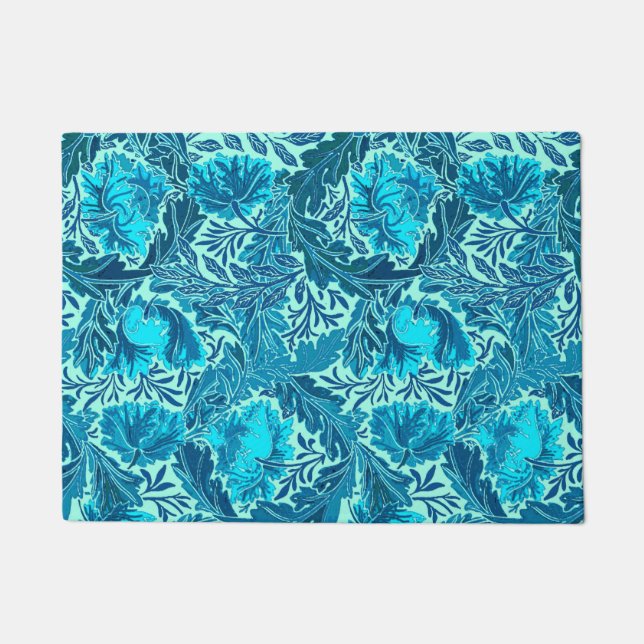 William Morris Floral, Indigo Blue and Turquoise Doormat (Front)