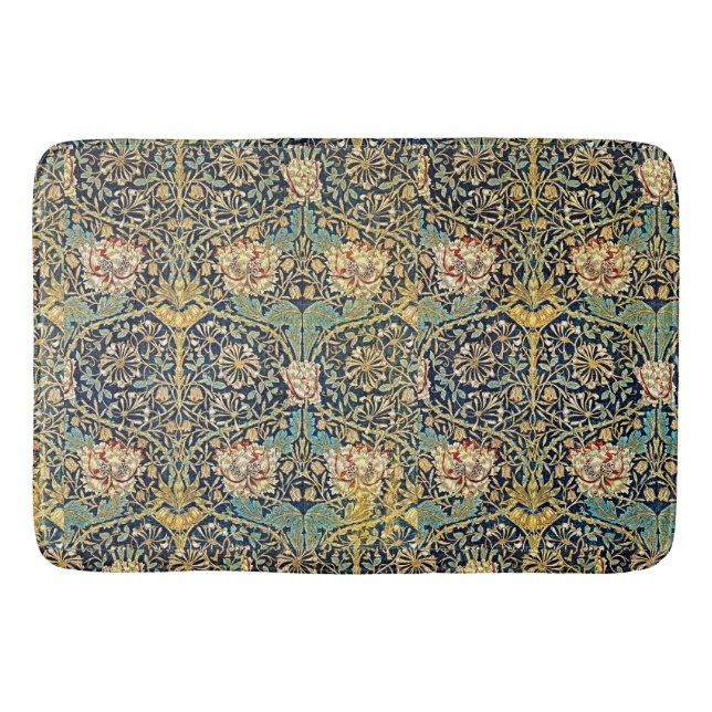 William Morris Floral Pattern Gold Turquoise Red Bath Mat (Front)
