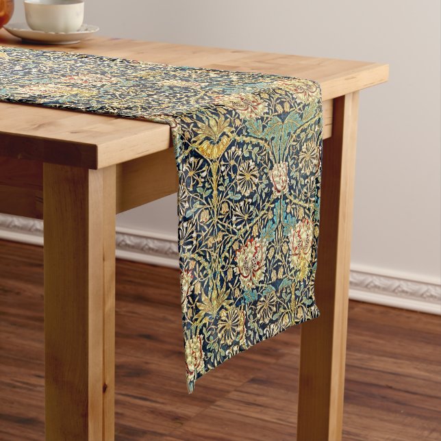 William Morris Floral Pattern Gold Turquoise Red Long Table Runner (In Situ)