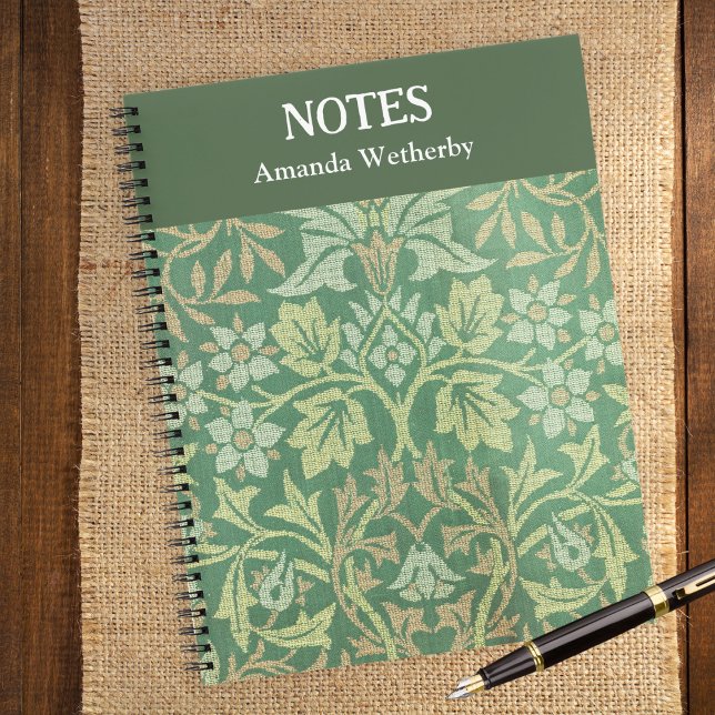 William Morris Flower Garden Personalised Green Notebook (A stylish personalized notebook featuring a pattern 'Flower Garden' by William Morris)