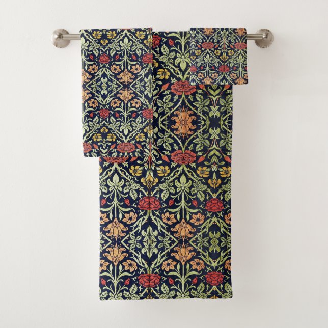William Morris Flowers Foliage Green Yellow Red  Bath Towel Set (Insitu)