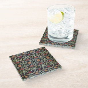 William Morris Flowers Foliage Green Yellow Red Glass Coaster
