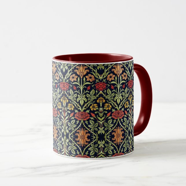 William Morris Flowers Foliage Green Yellow Red  Mug (Front Right)