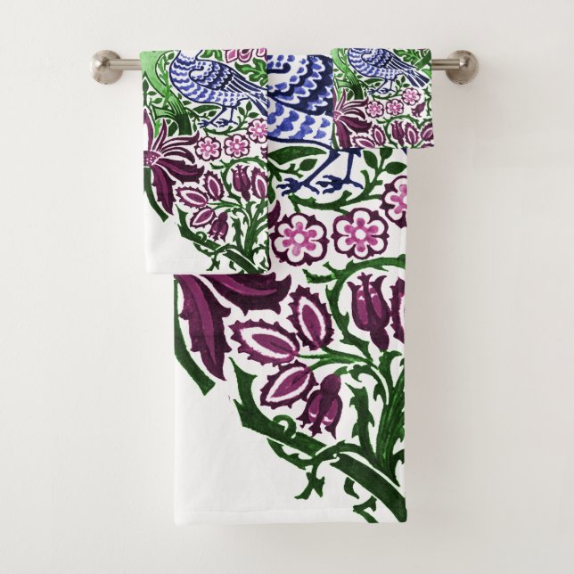 William Morris Folk Art Birds Flowers Acorns Bath Towel Set (Insitu)