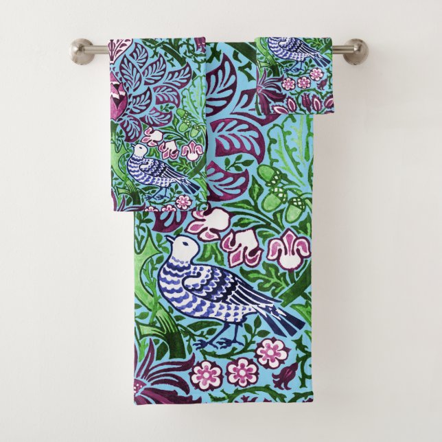 William Morris Folk Art Birds Flowers Acorns Bath Towel Set (Insitu)