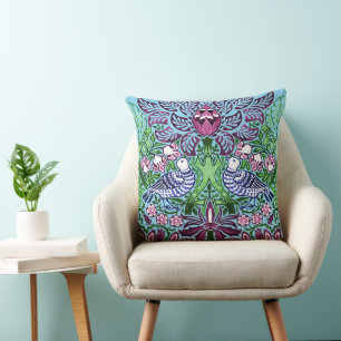 William Morris Folk Art Birds Flowers Acorns Cushion