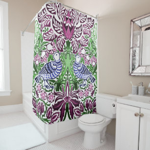 William Morris Folk Art Birds Flowers Acorns Shower Curtain