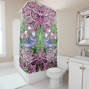 William Morris Folk Art Birds Flowers Acorns Shower Curtain