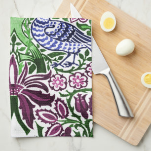 William Morris Folk Art Birds Flowers Acorns Tea Towel