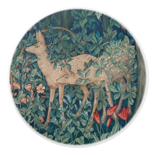 William Morris Forest Deer Floral Tapestry Ceramic Knob (Front)