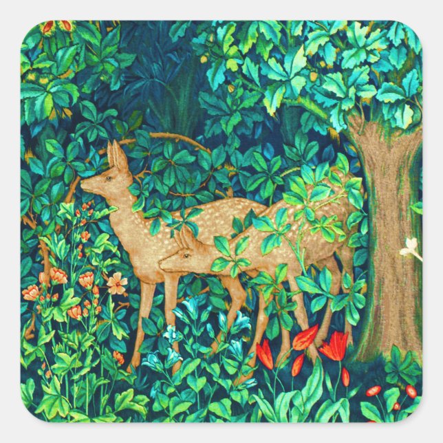 William Morris Forest Deer Tapestry Print Square Sticker (Front)