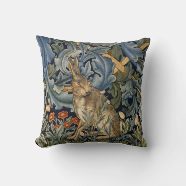 William Morris Forest Rabbit Floral Art Nouveau Cushion (Front)