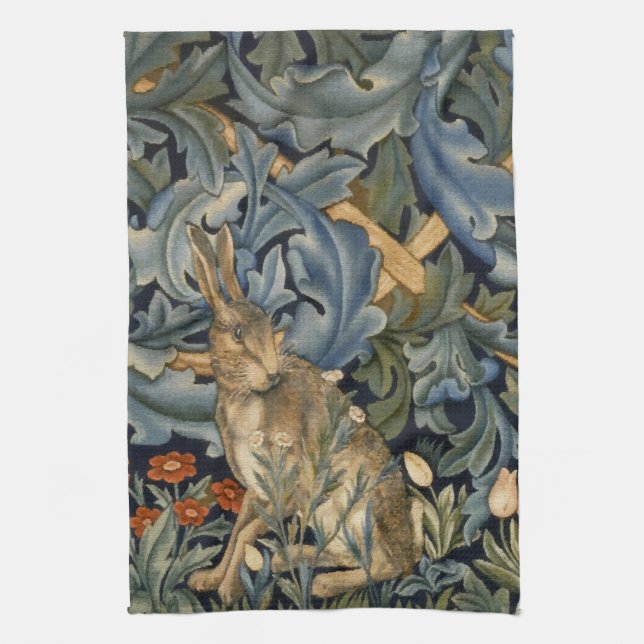 William Morris Forest Rabbit Floral Art Nouveau Tea Towel (Vertical)
