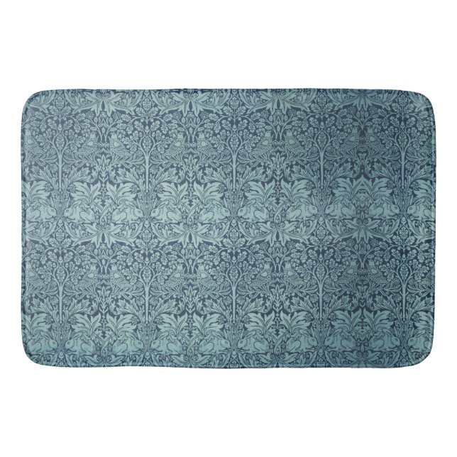 William Morris Forest Rabbits Birds Flowers Blue   Bath Mat (Front)