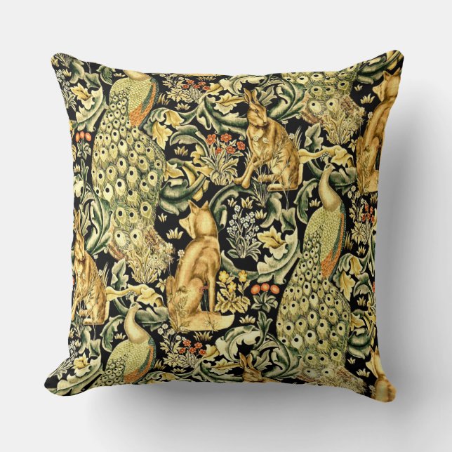 William Morris Forest Tapestry Fox Hare Peacock Cushion (Front)