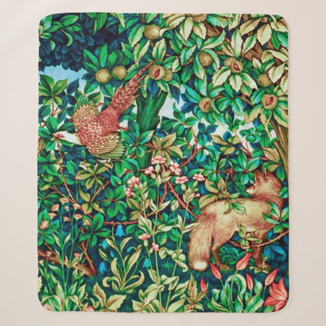 William Morris Fox and Pheasant Tapestry Print Sherpa Blanket (Front)