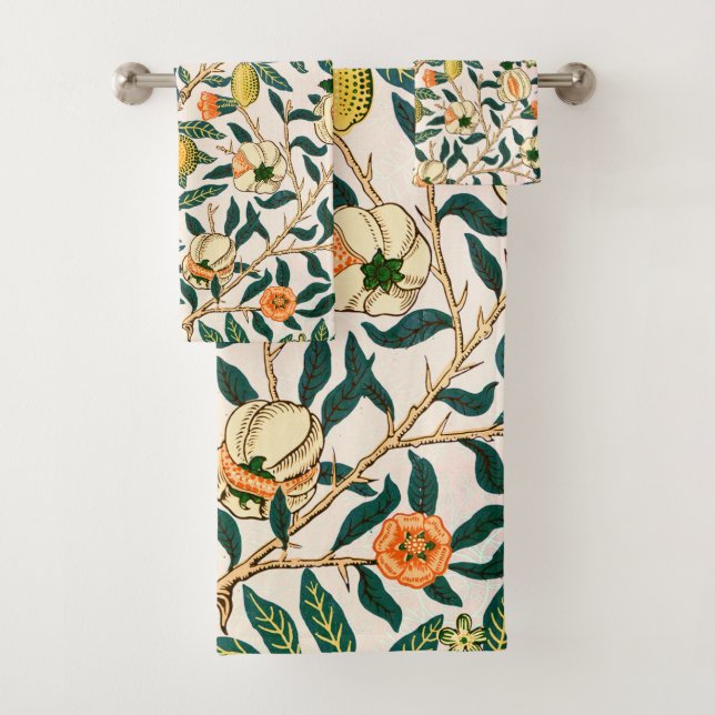 William Morris Fruit Pomegranate White Ornament Bath Towel Set (Insitu)