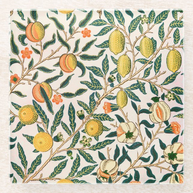 William Morris Fruit Pomegranate White Ornament Glass Coaster (Front)
