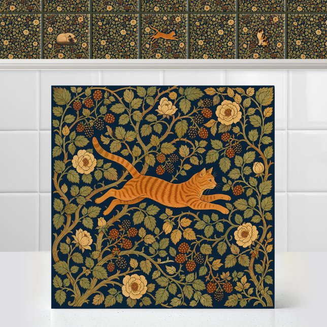 William Morris Ginger Tabby Cat Leaping Canopy Tile (Art Nouveau Antique Pattern William Morris Orange  Tabby Cat Leaping Canopy Ceramic Tile Mural)