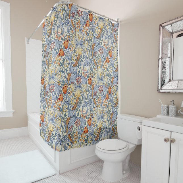 William Morris Gold Lily Victorian Wallpaper Shower Curtain (In Situ)
