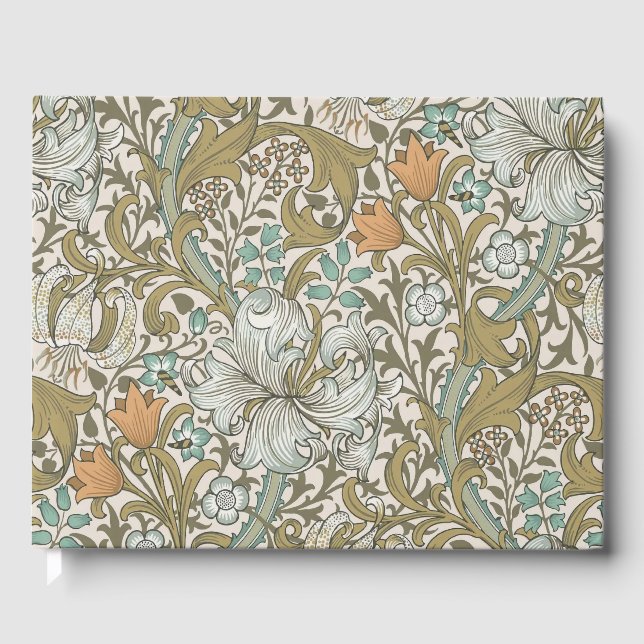 William Morris Golden Lily Blue Gold Classic Guest Book (Front)