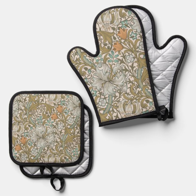 William Morris Golden Lily Blue Gold Classic Oven Mitt & Pot Holder Set (Front/Back)