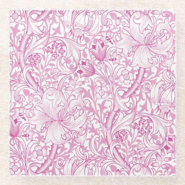 William Morris Golden Lily Floral Pattern Glass Coaster (Front)