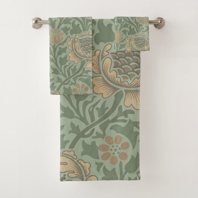 William Morris Grafton Floral Pattern Sage Green  Bath Towel Set (Insitu)