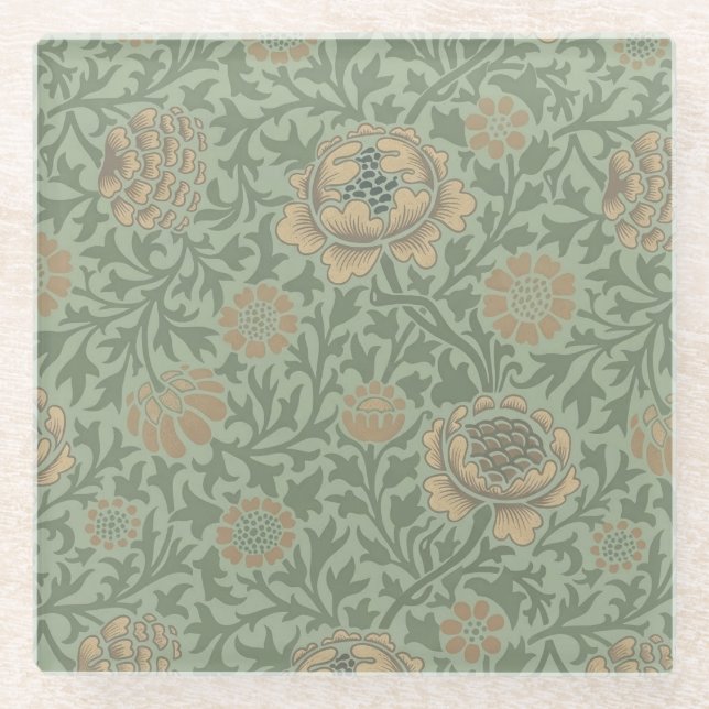 William Morris Grafton Floral Pattern Sage Green  Glass Coaster (Front)