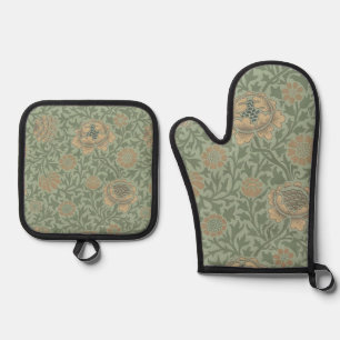 William Morris Grafton Floral Pattern Sage Green Oven Mitt & Pot Holder Set
